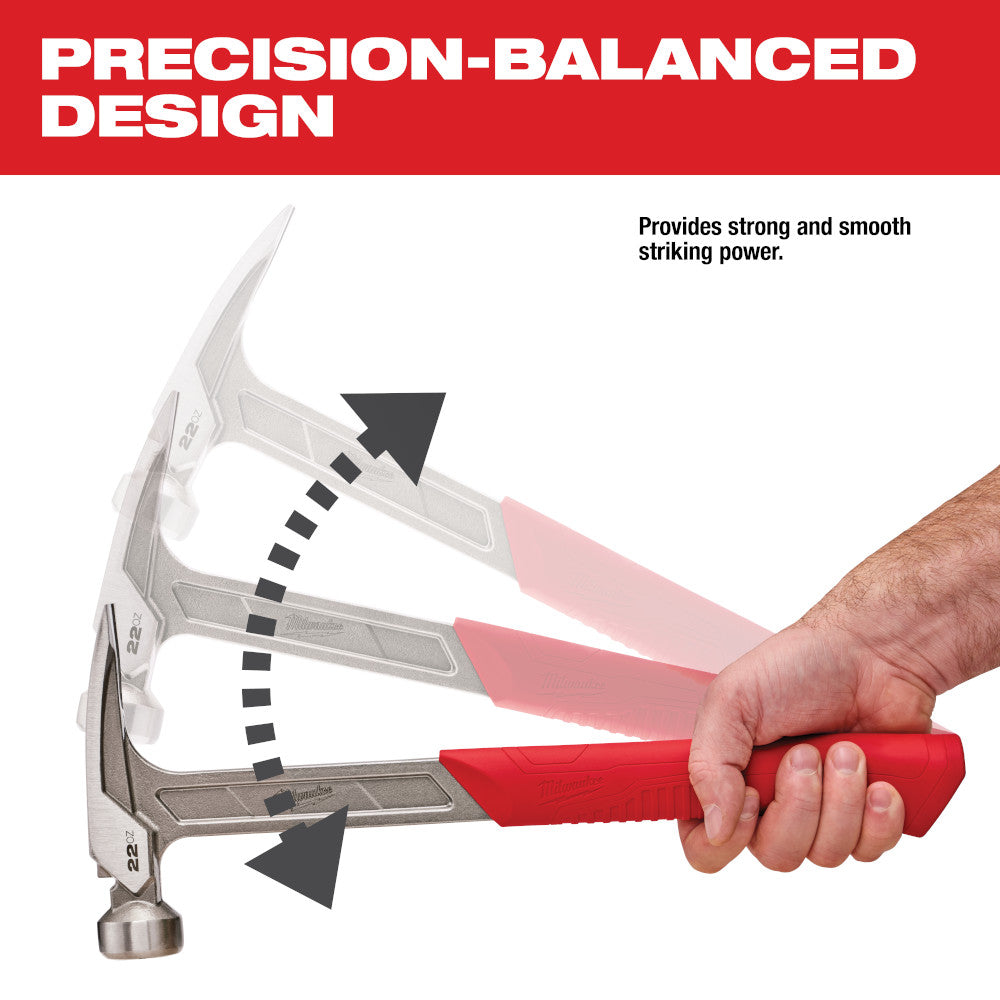 Milwaukee 22 oz framing hammer with smooth face, red grip, held in hand showing hammer head and claw.
