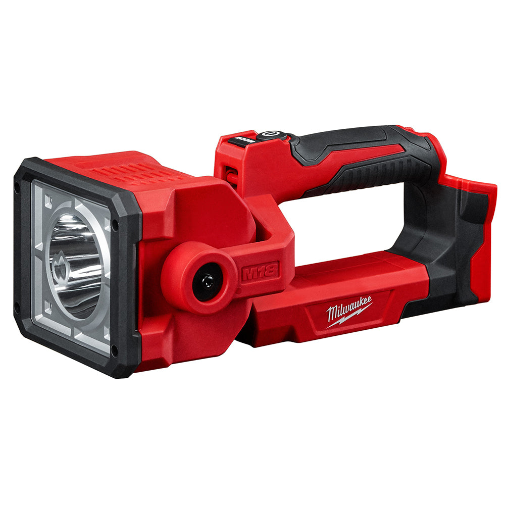 Milwaukee M18 search light with red and black housing, featuring a front-mounted rectangular lamp with reflector and grip han