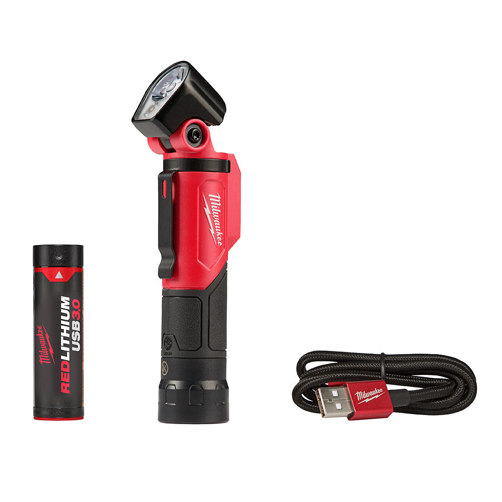 Red and black Milwaukee LED flashlight with pivoting head, USB charging cable, and rechargeable battery pack displayed separa