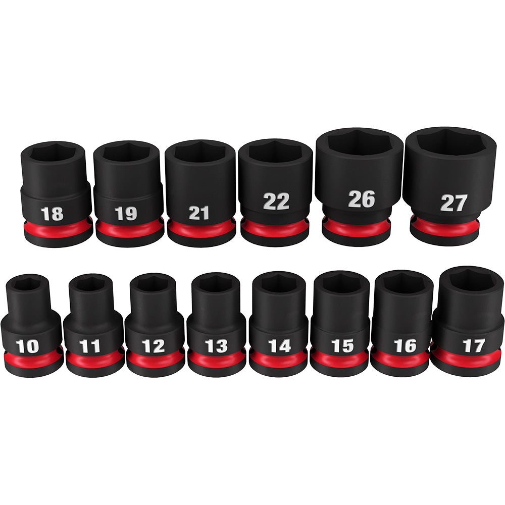 Fourteen black metric sockets with red bands arranged in two rows, labeled 10-19, 21-22, 26-27 for 1/2" drive.