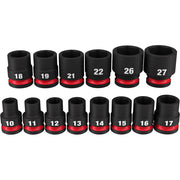 Fourteen black metric sockets with red bands arranged in two rows, labeled 10-19, 21-22, 26-27 for 1/2" drive.
