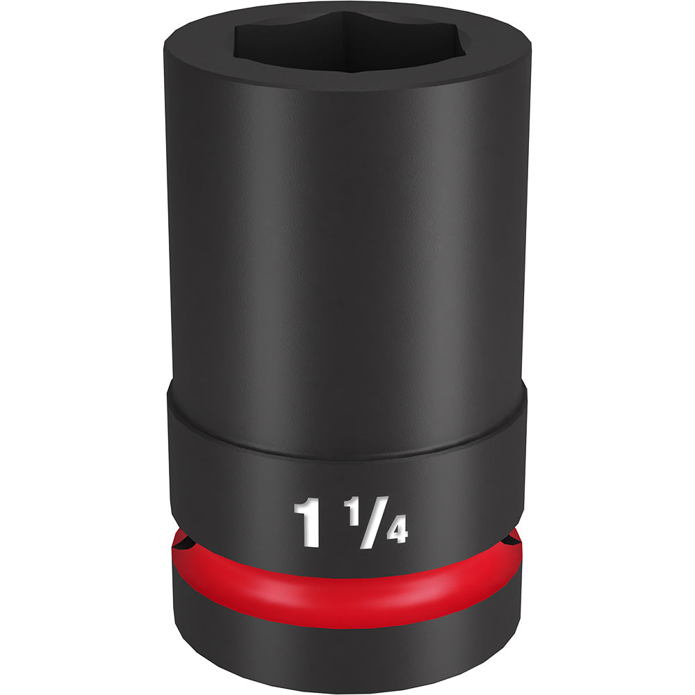 Black 1-1/4" deep impact socket with hexagonal drive opening and red grip band.