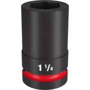 Black 1-1/4" deep impact socket with hexagonal drive opening and red grip band.