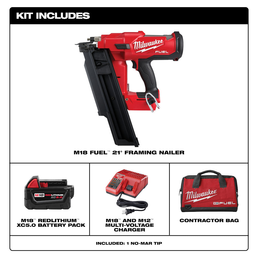 Milwaukee M18 FUEL 30 degree framing nailer with red and black body, battery pack, charger, and contractor bag.