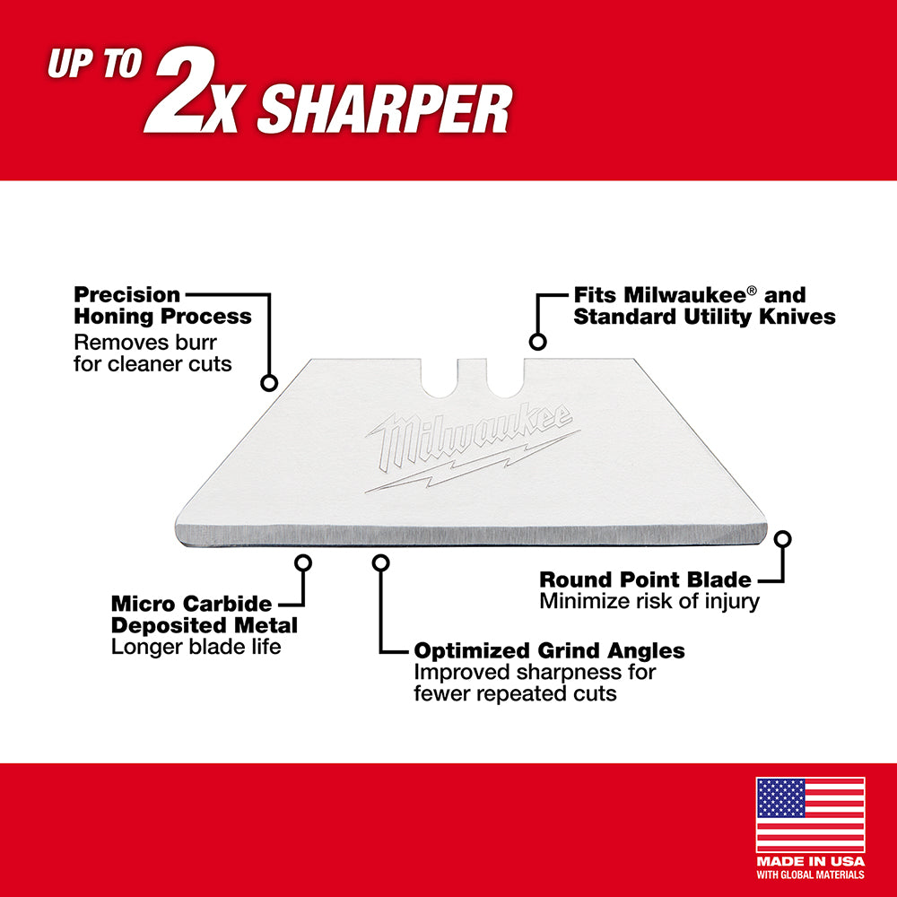 Milwaukee utility knife blade with round point tip, micro carbide coating, and precision honing process for standard utility 