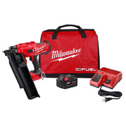 Red Milwaukee M18 FUEL framing nailer with battery, charger, and carrying bag.