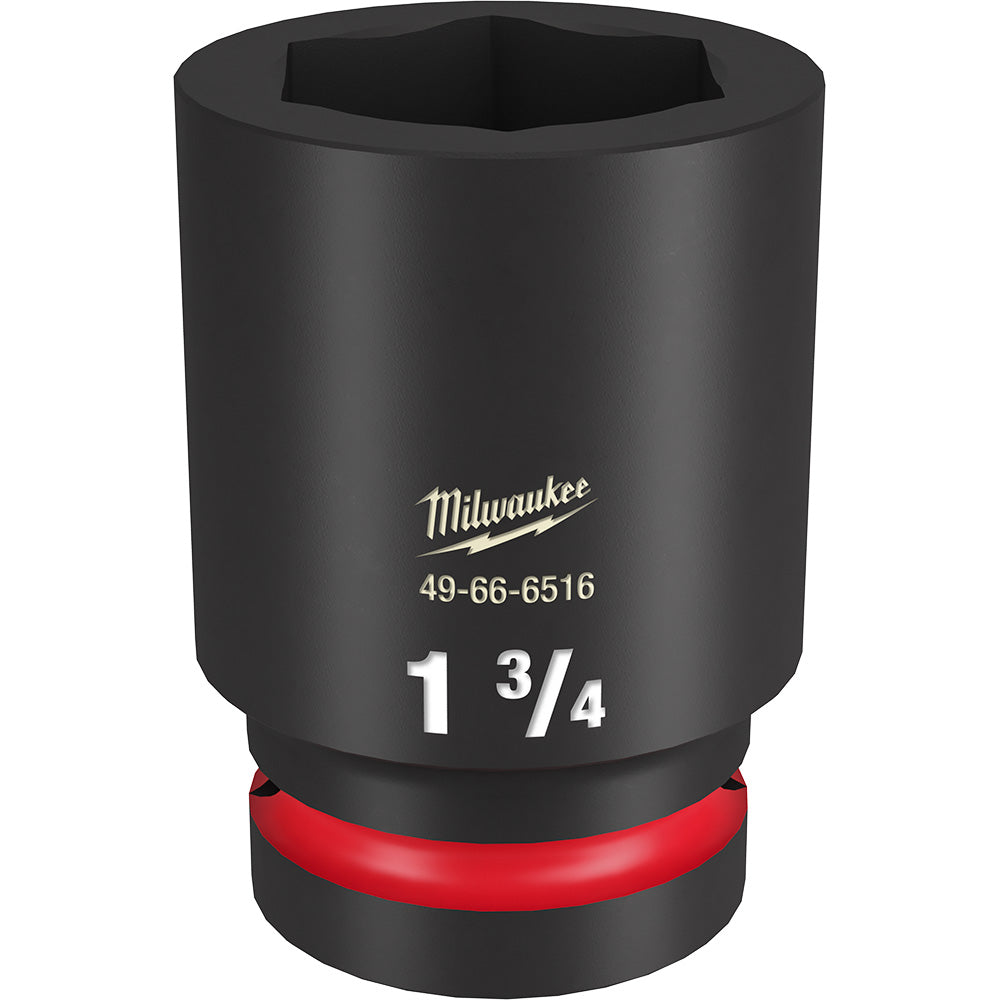 Black Milwaukee Shockwave Impact Duty socket with 1 3/4" size marking and hexagonal drive opening, red grip band at base.
