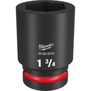 Black Milwaukee Shockwave Impact Duty socket with 1 3/4" size marking and hexagonal drive opening, red grip band at base.