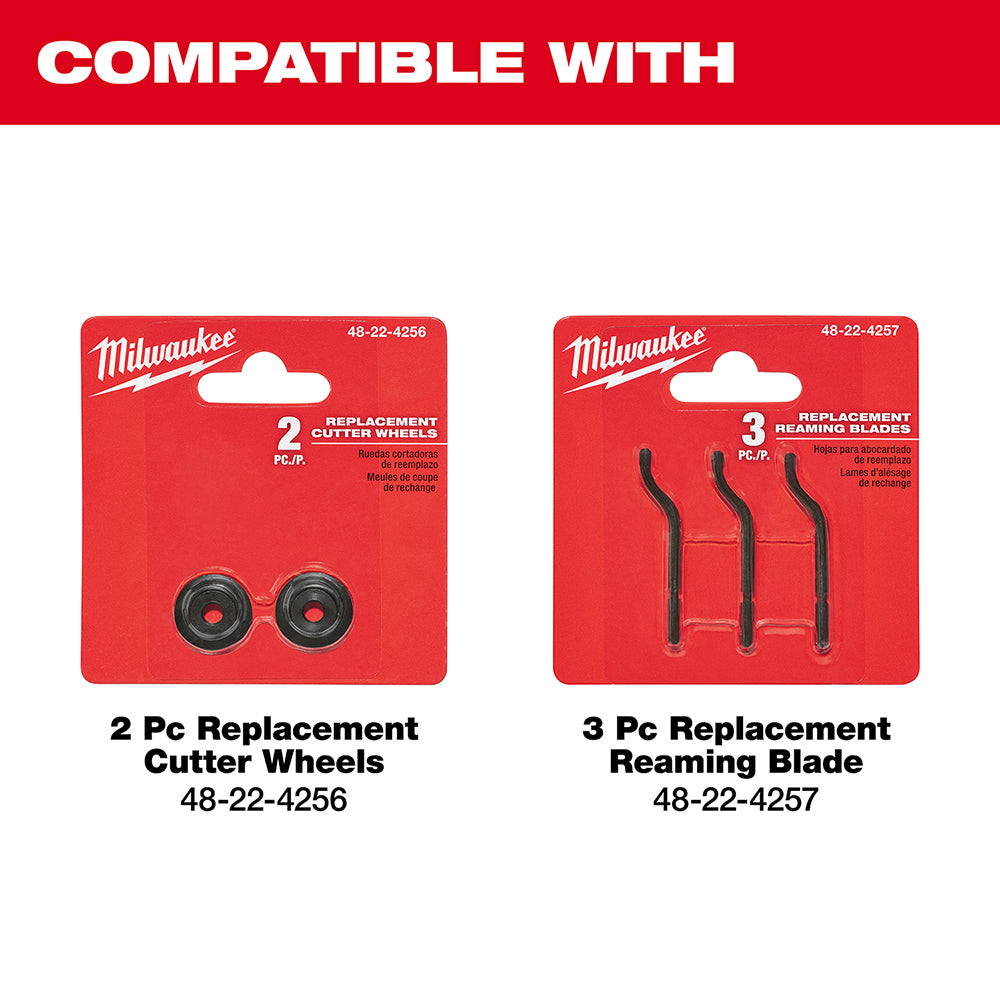 Milwaukee replacement cutter wheels and reaming blades on red packaging cards with model numbers.