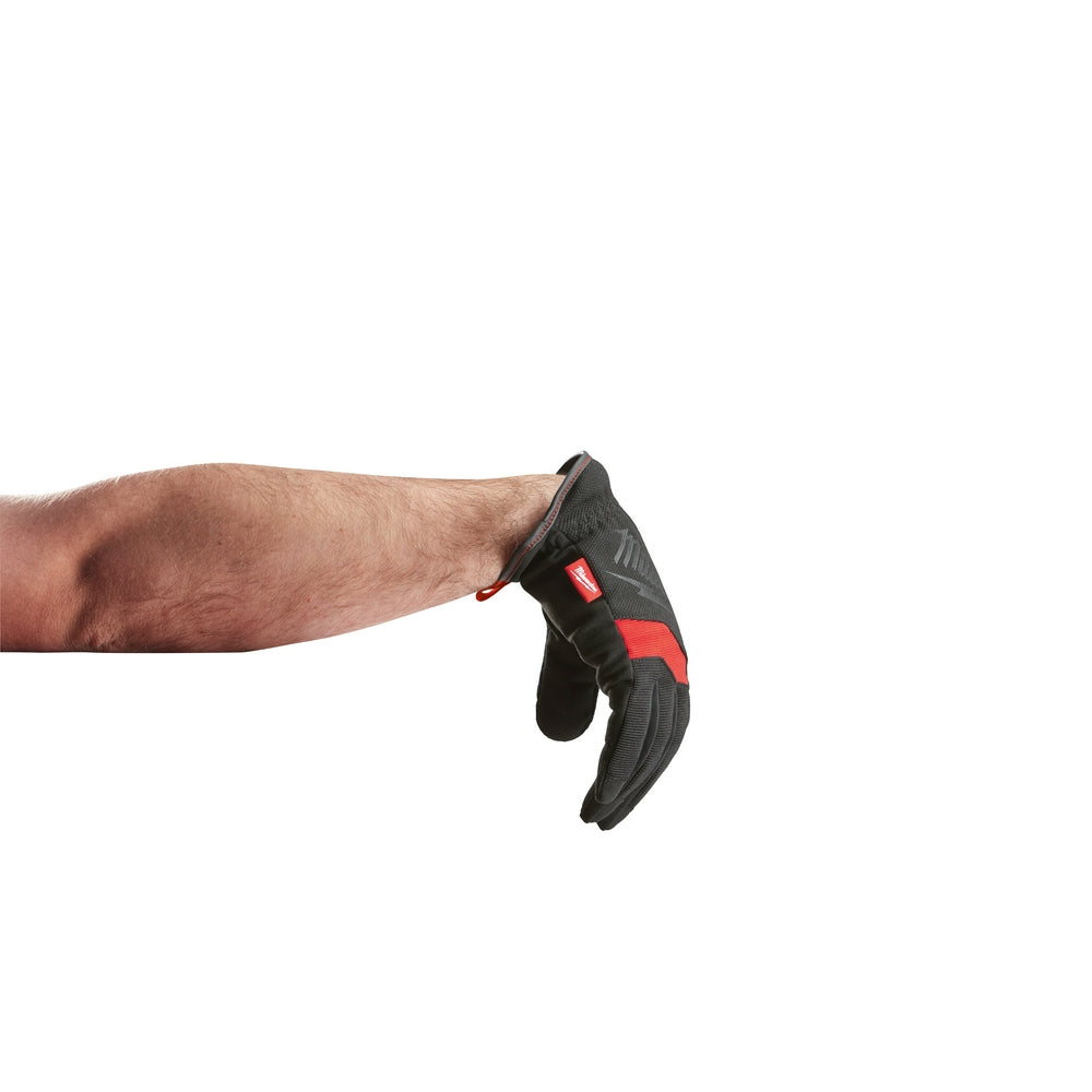Black and red work glove with padded palm and fingers, shown on a hand in a flexed position.