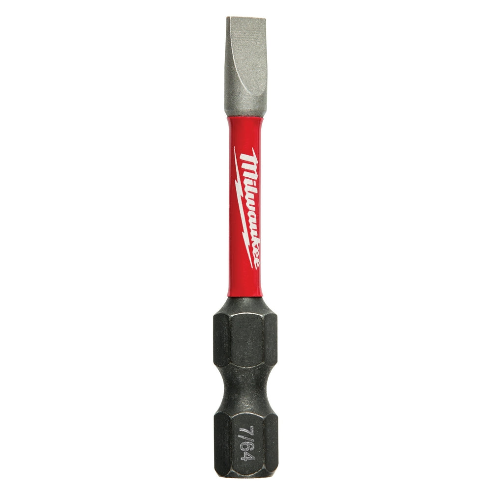 Milwaukee Shockwave slotted power bit with red sleeve and black hexagonal ends on white background.