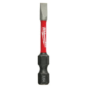 Milwaukee Shockwave slotted power bit with red sleeve and black hexagonal ends on white background.