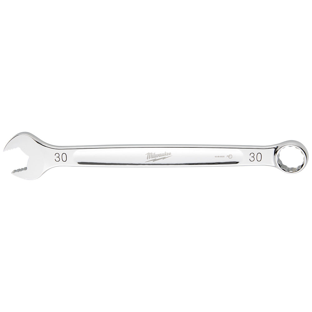 Silver 30mm combination wrench with open end on left and ring end on right.