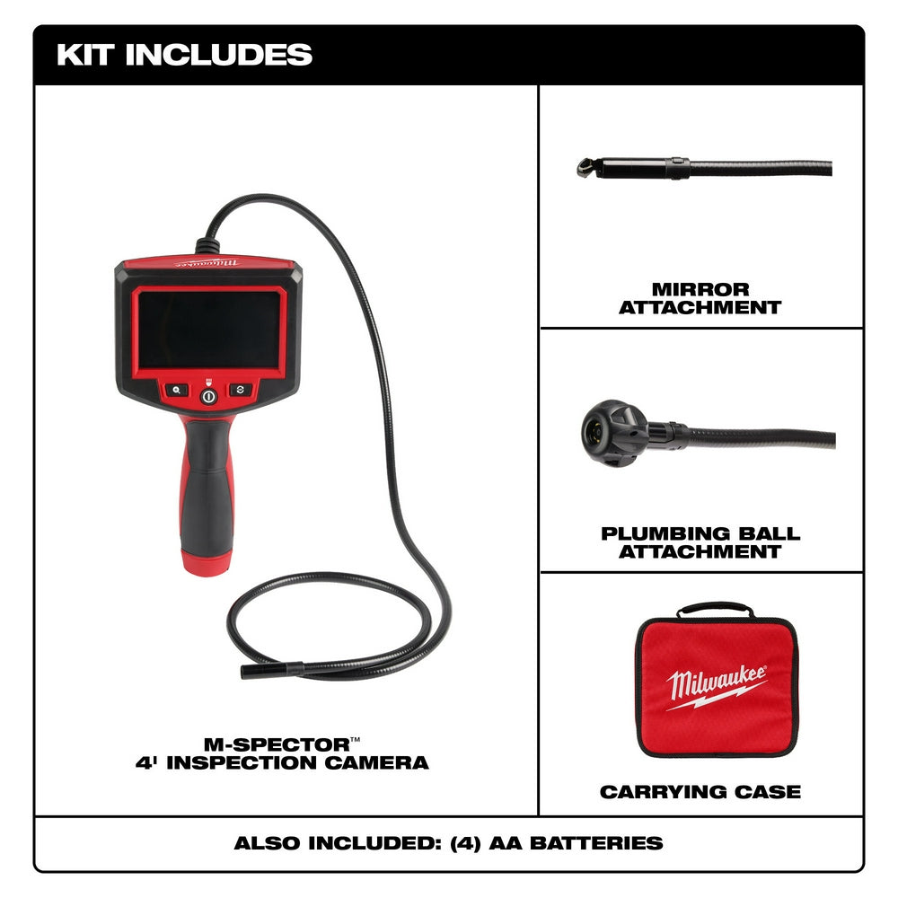 Milwaukee M-Spector inspection camera with red and black handheld unit, flexible probe, mirror and plumbing ball attachments,