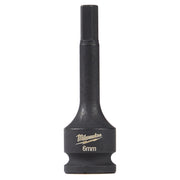 Black Milwaukee Shockwave 6mm hex bit socket with 3/8 inch drive and cylindrical shaft.