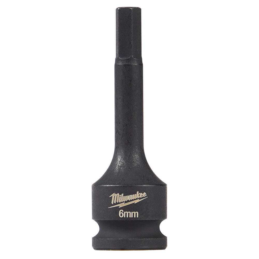 Black Milwaukee Shockwave 6mm hex bit socket with 3/8 inch drive and cylindrical shaft.