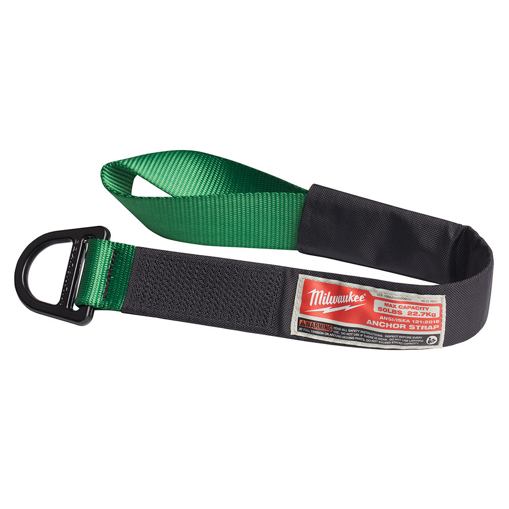 Green and black nylon anchor strap with black plastic buckle and Milwaukee label.