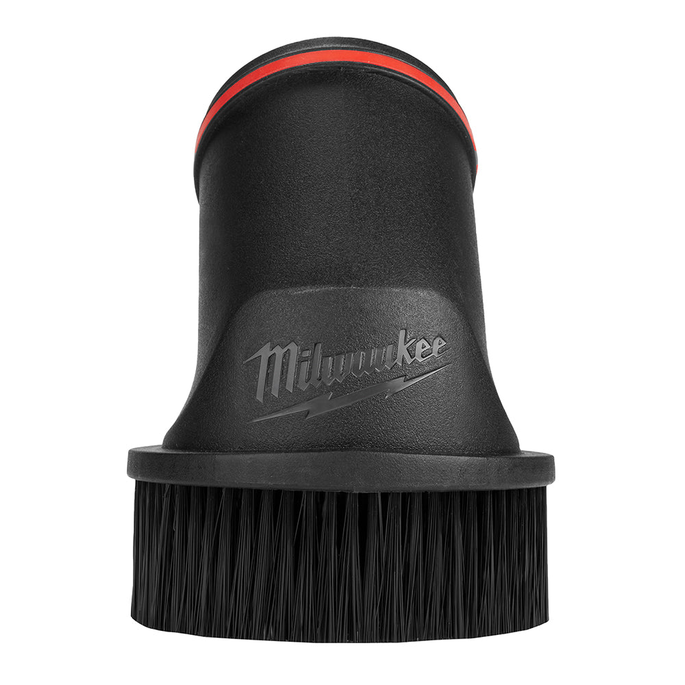 Milwaukee round brush tool with black nylon bristles, red band collar, and black plastic body.