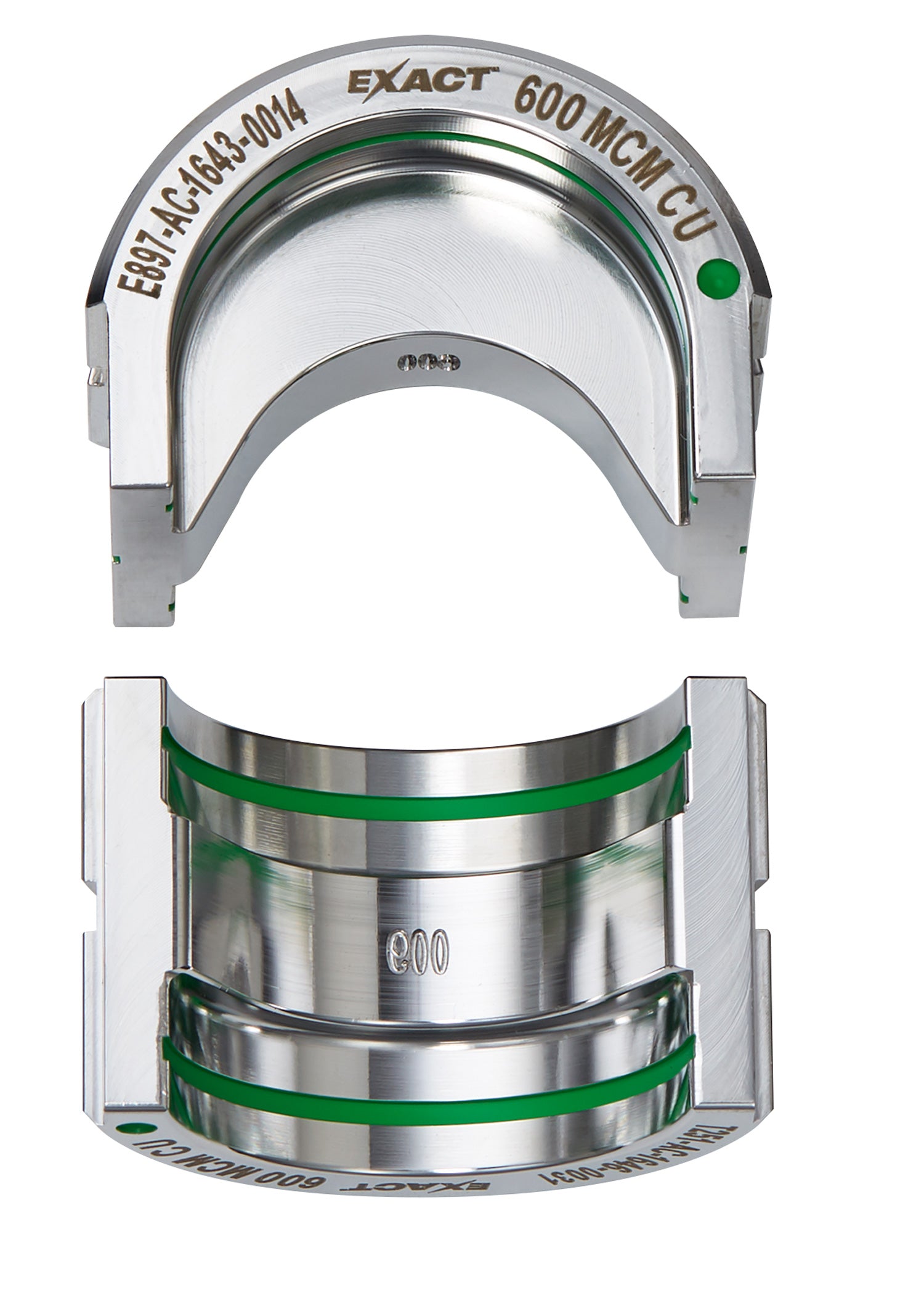 Milwaukee EXACT 600 MCM copper U-style die with gray aluminum housing and green bands, shown from top and bottom views.