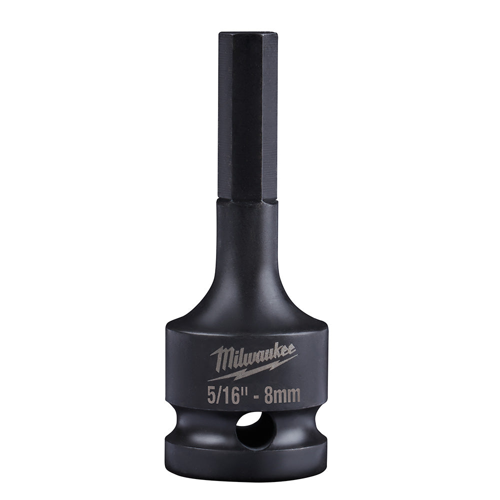 Black Milwaukee Shockwave hex bit socket with 1/2 inch drive and 5/16 inch - 8mm hex opening, branded on barrel.