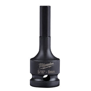 Black Milwaukee hex bit socket with 1/2 inch drive, marked 5/16" - 8mm, featuring cylindrical upper shaft and tapered lower b