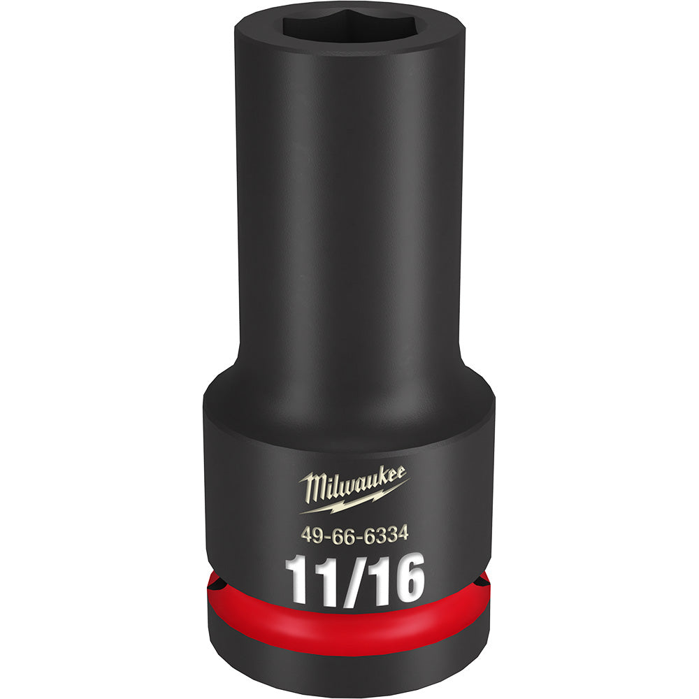 Black Milwaukee 3/4" drive deep socket with 11/16" opening, red grip band, and hexagonal interior.