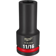 Black Milwaukee 3/4" drive deep socket with 11/16" opening, red grip band, and hexagonal interior.