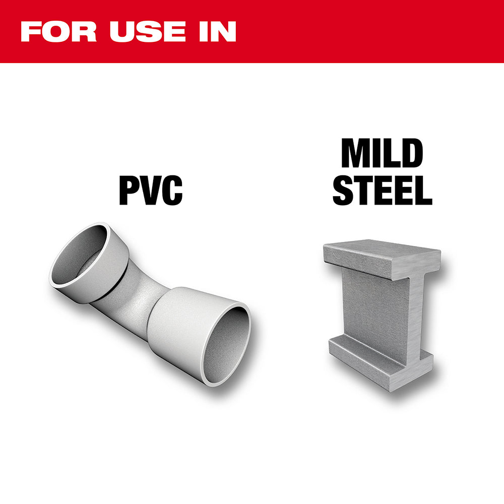 Milwaukee #8 step drill bit with usage guide showing application on PVC pipe and mild steel.