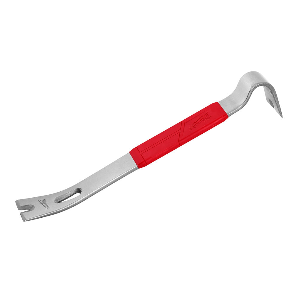 Steel pry bar with red grip handle, curved claw end, and flat chisel end with slot.