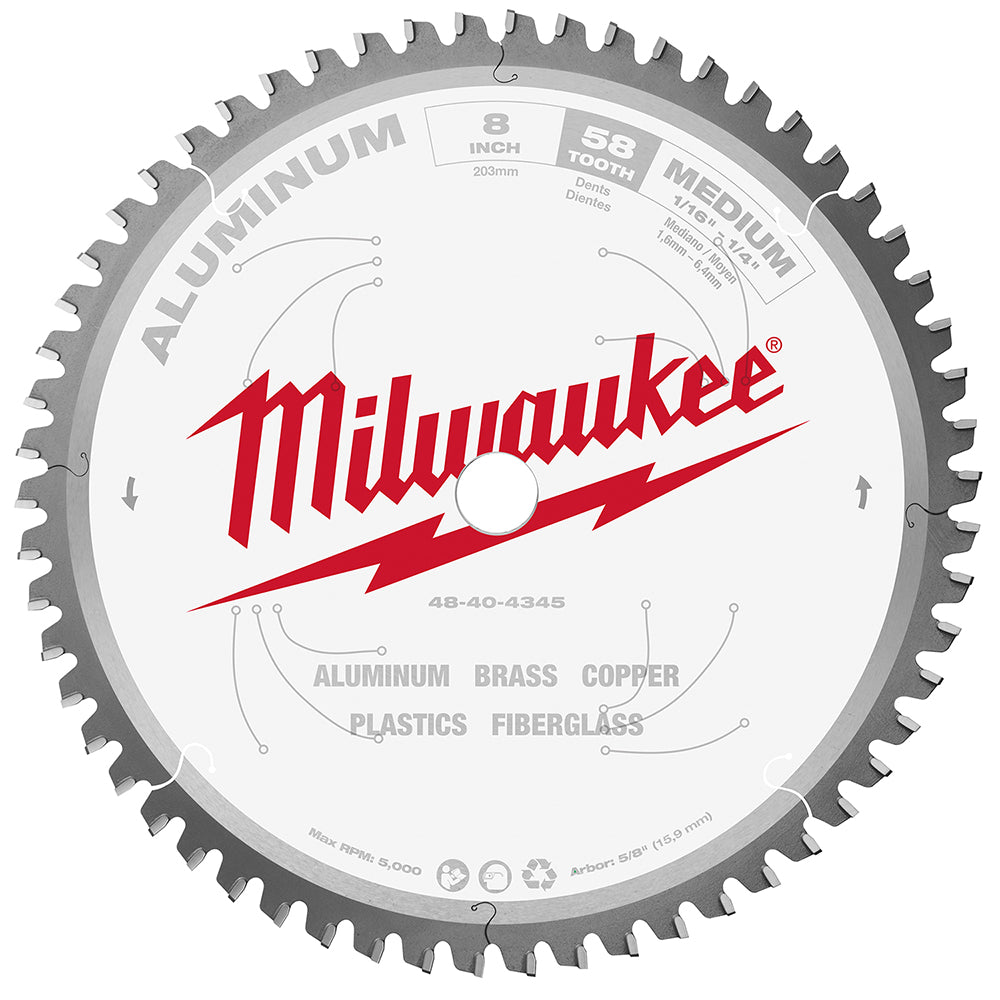 8 inch aluminum cutting circular saw blade with 58 medium teeth and Milwaukee branding on white and gray face.