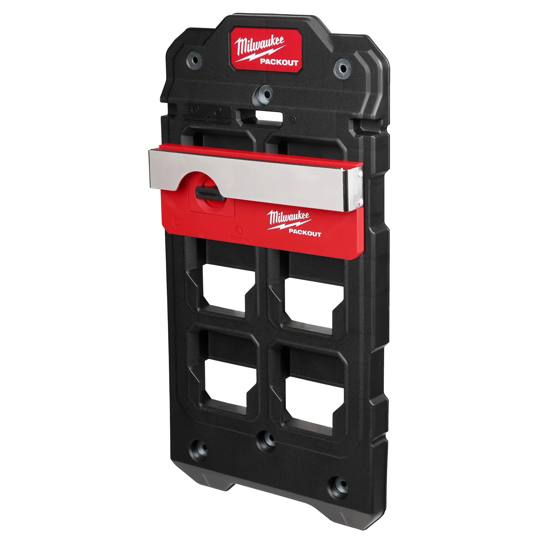 Black and red Milwaukee PACKOUT belt clip rack with four square openings and red sliding clip mechanism.