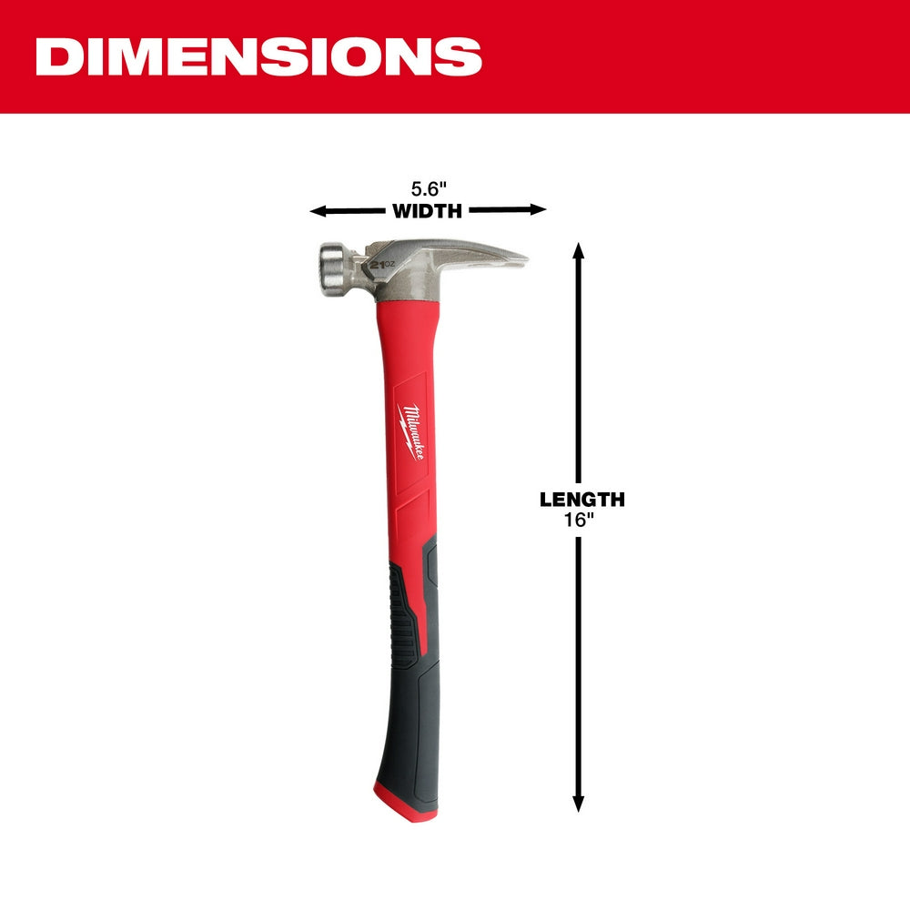 Claw hammer with milled metal head, red and black poly/fiberglass handle, 16 inches long and 5.6 inches wide.