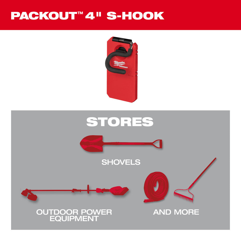 Red PACKOUT S-hook with black curved grip, designed to attach to storage system and hold tools and equipment.
