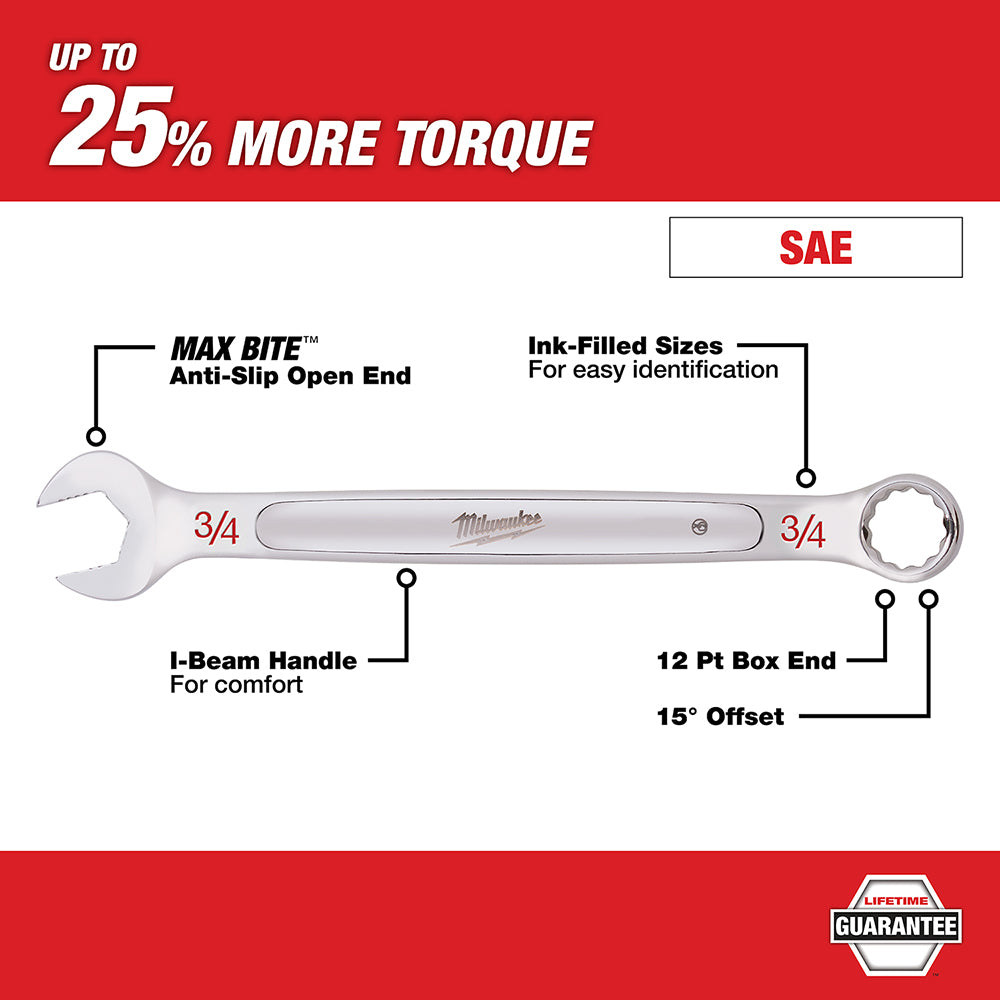 Milwaukee combination wrench with open end and 12-point box end, 3/4" SAE size, featuring I-beam handle and 15° offset.