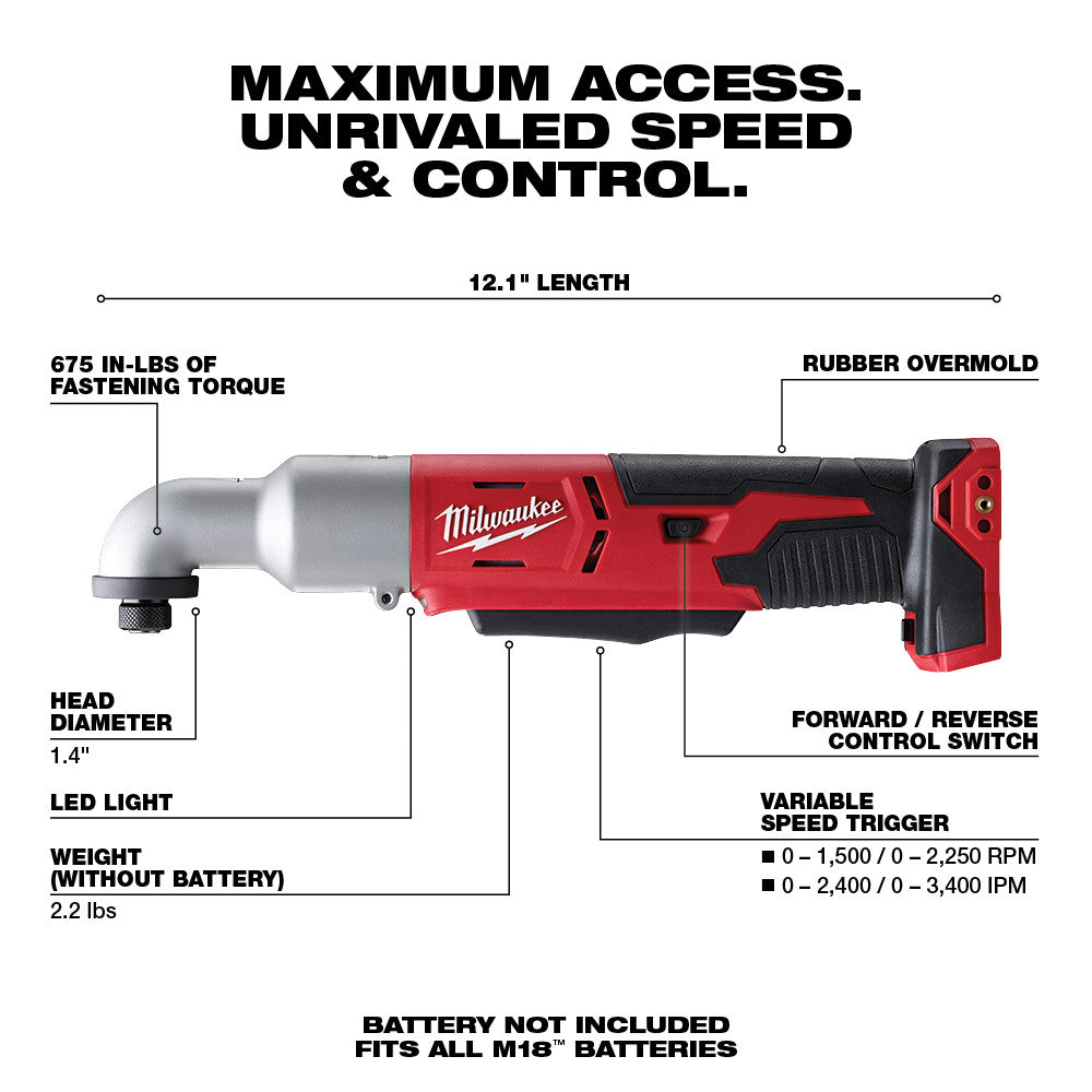 Red and black Milwaukee M18 right angle impact driver with 1/4-inch head, 12.1-inch length, and rubber grip handle.