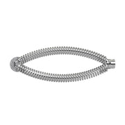 Coiled metal sectional drain cleaning cable with flat head connector on one end and threaded coupling on the other.