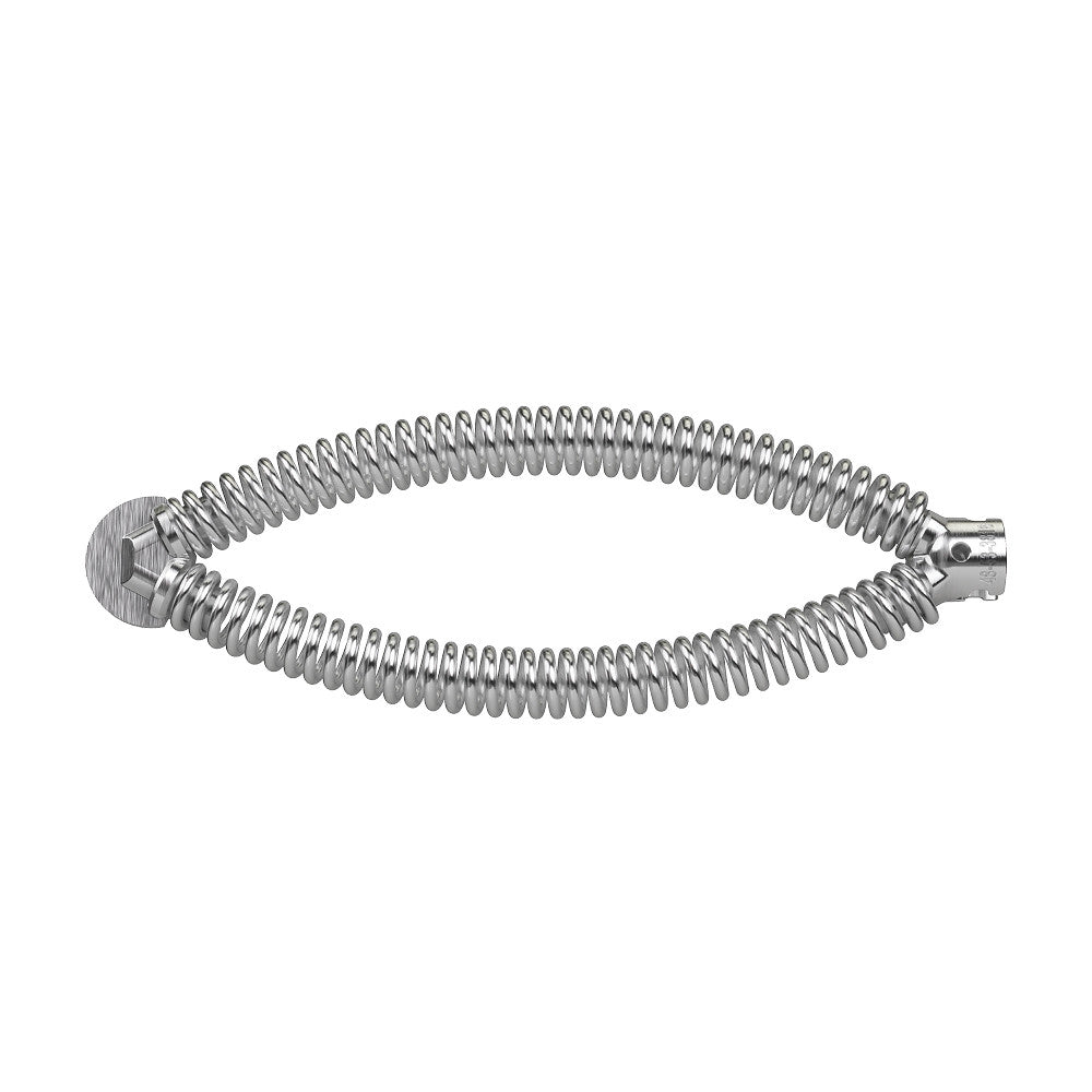 Coiled metal sectional drain cleaning cable with flat head connector on one end and threaded coupling on the other.