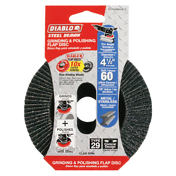 Diablo Steel Demon 4-1/2 inch flap disc with 60 grit abrasive surface and center hole for angle grinders.
