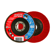 Red and black 4-1/2 inch flap disc with 60 grit rating, shown front and angled view with center hole and metal backing plate.