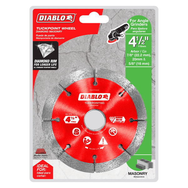 Red and gray diamond tuck point blade, 4.5 inches diameter, with center arbor hole and segmented cutting edge for masonry.