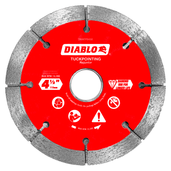 4-1/2 inch diamond tuck point blade with red center and segmented gray diamond rim for masonry cutting.