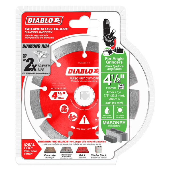 Diablo diamond segmented cut-off disc with segmented blade edge, 4-1/2 inch diameter, mounted on red packaging card showing m
