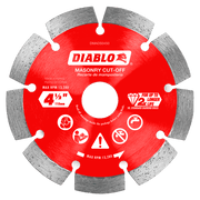 Red and gray diamond segmented cut-off disc, 4-1/2 inch diameter, with segmented teeth around edge for masonry cutting.