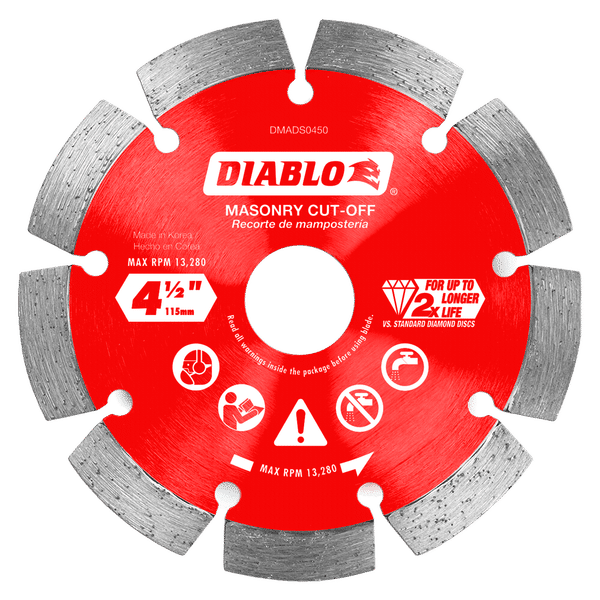 Red and gray diamond segmented cut-off disc, 4-1/2 inch diameter, with segmented teeth around edge for masonry cutting.