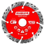 Diablo 4-1/2 inch red diamond segmented turbo cut-off disc for masonry with gray diamond teeth around perimeter.
