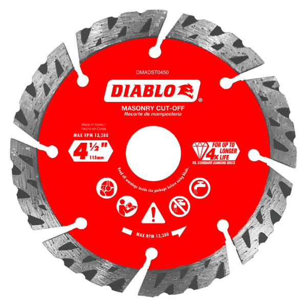 Diablo 4-1/2 inch red diamond segmented turbo cut-off disc for masonry with gray diamond teeth around perimeter.