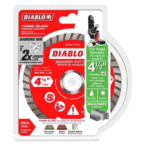 Diablo 4-1/2" diamond turbo masonry cut-off disc with gray segmented rim on red and white packaging.