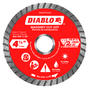 Diablo 4-1/2 inch diamond turbo cut-off disc with red label, gray segmented rim, and center arbor hole for masonry cutting.