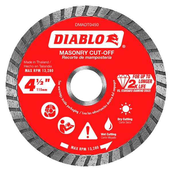 Diablo 4-1/2 inch diamond turbo cut-off disc with red label, gray segmented rim, and center arbor hole for masonry cutting.