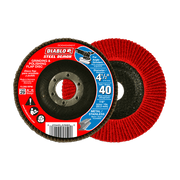 Red and black Diablo Steel Demon 4-1/2 inch flap disc with 40 grit rating and center hole for angle grinder attachment.